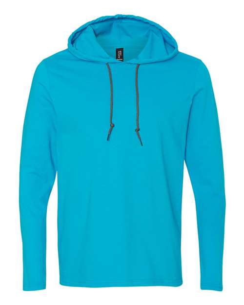 Gildan 987 — Unisex Softstyle® Lightweight Hooded Long Sleeve T-Shirt — Caribbean Blue/ Dark Grey