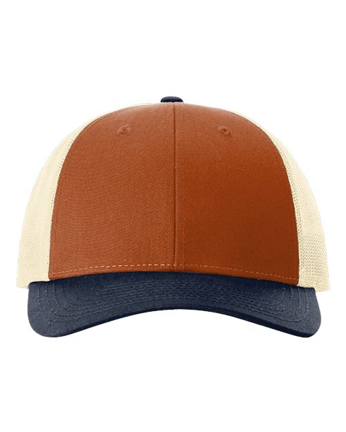 Richardson 115 — Low Pro Trucker Cap — Dark Orange/ Birch/ Patriot Blue