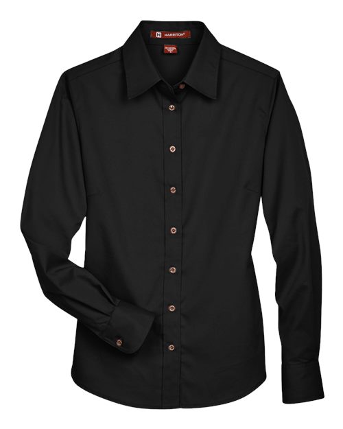 Harriton M500W — Women's Easy Blend™ Long Sleeve Twill Dress Shirt with Stain-Release — Black