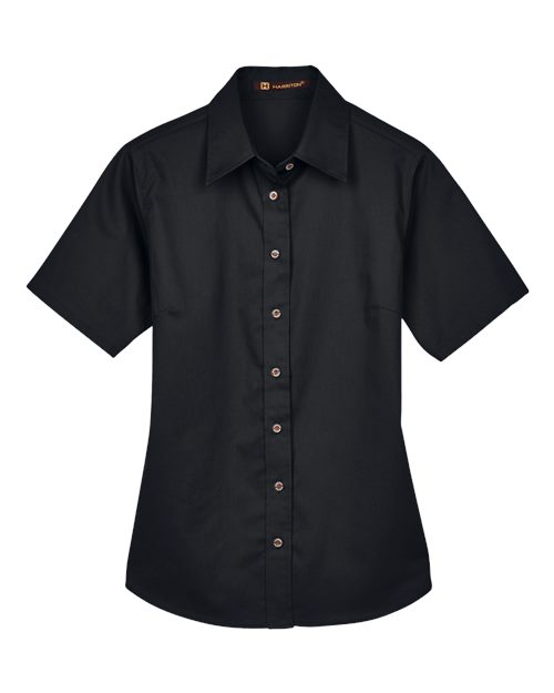 Harriton M500SW — Women's Easy Blend™ Short Sleeve Twill Dress Shirt with Stain-Release — Black