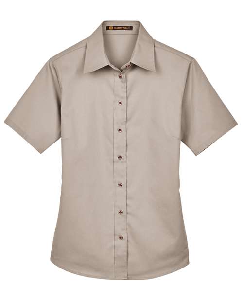 Harriton M500SW — Women's Easy Blend™ Short Sleeve Twill Dress Shirt with Stain-Release — Stone