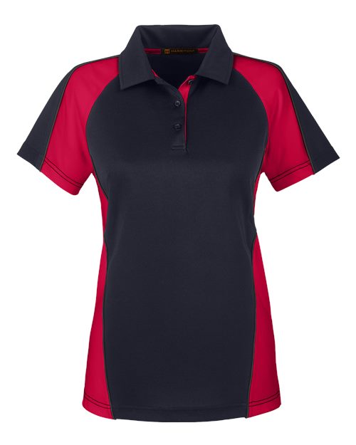 Harriton M385W — Women's Advantage Snag Protection Plus IL Colorblock Polo — Black/ Red/ Dark Charcoal