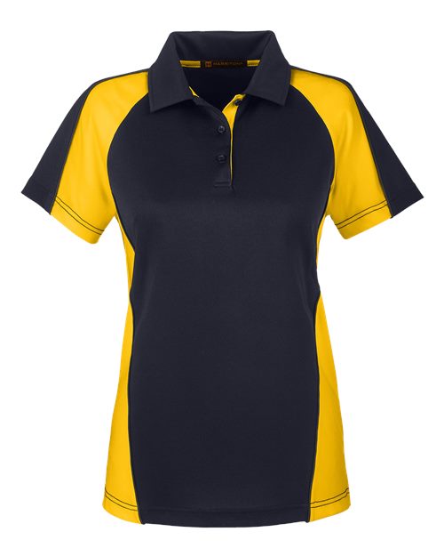 Harriton M385W — Women's Advantage Snag Protection Plus IL Colorblock Polo — Black/ Sunray Yellow/ Dark Charcoal