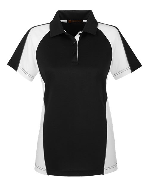 Harriton M385W — Women's Advantage Snag Protection Plus IL Colorblock Polo — Black/ White/ Dark Charcoal