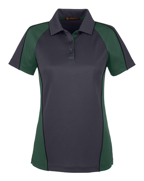 Harriton M385W — Women's Advantage Snag Protection Plus IL Colorblock Polo — Dark Charcoal/ Dark Green/ Black