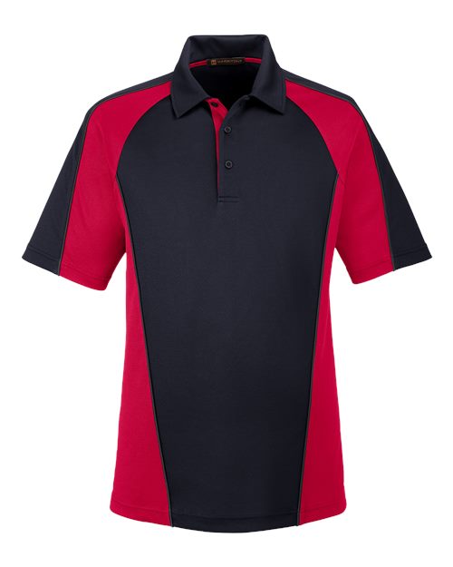 Harriton M385 — Men's Advantage Snag Protection Plus IL Colorblock Polo — Black/ Red/ Dark Charcoal