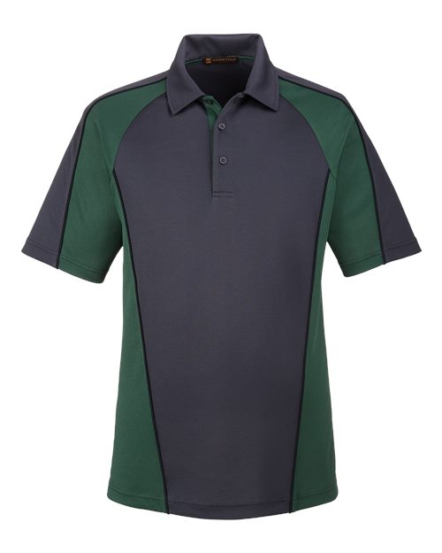 Harriton M385 — Men's Advantage Snag Protection Plus IL Colorblock Polo — Dark Charcoal/ Dark Green/ Black