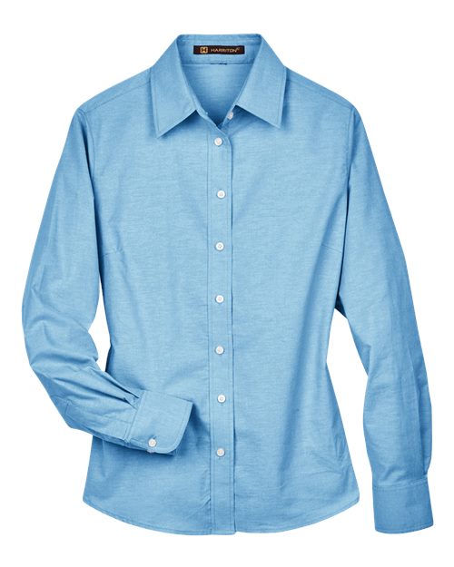 Harriton M600W — Women's Long Sleeve Oxford Dress Shirt — Light Blue
