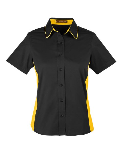 Harriton M586W — Women's Flash IL Colorblock Shirt — Black/ Sunray Yellow