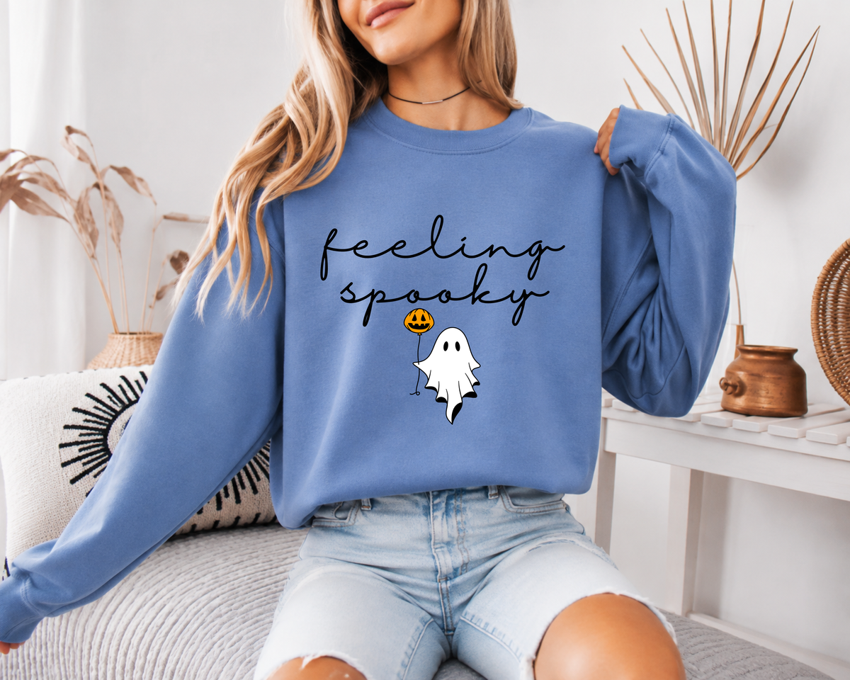 Feeling Spooky Sweatshirt, Ghost with Pumpkin Balloon Halloween Crewneck, Cute Ghost Sweater, Halloween Sweatshirt, Comfort Colors Sweatshirt
