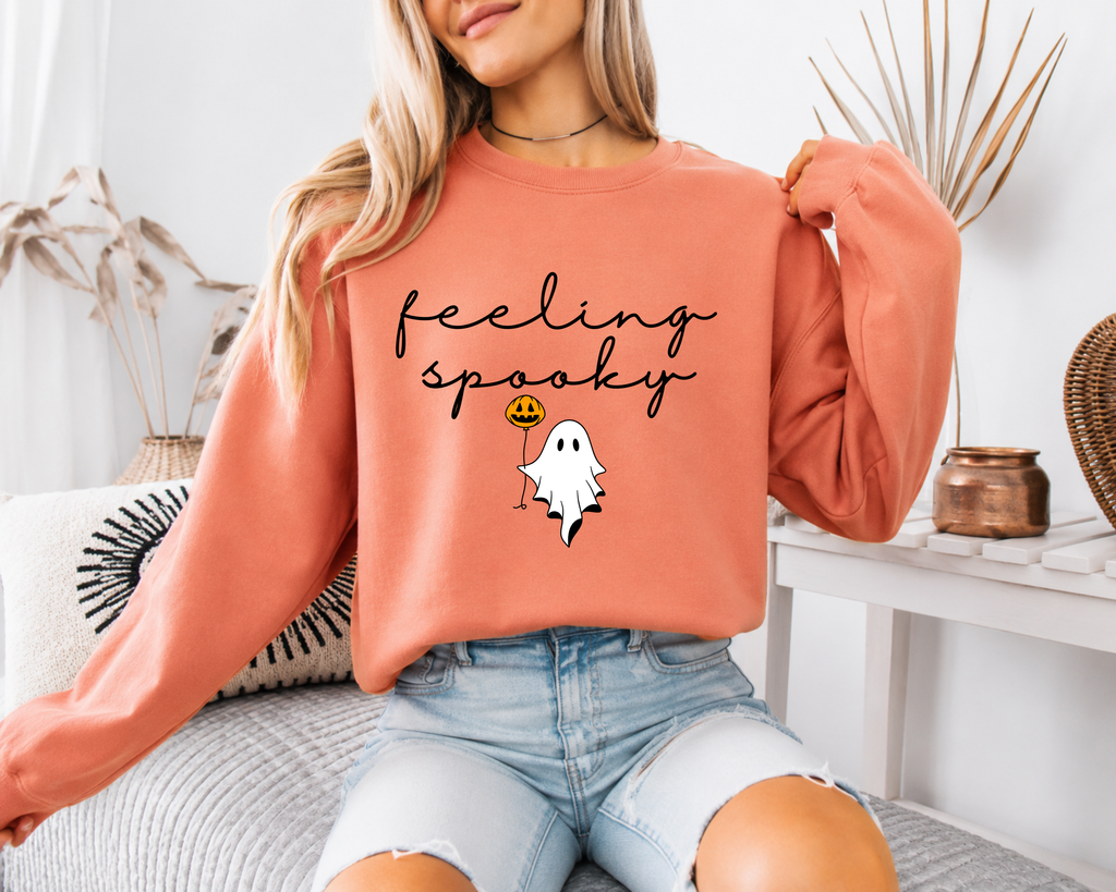 Feeling Spooky Sweatshirt, Ghost with Pumpkin Balloon Halloween Crewneck, Cute Ghost Sweater, Halloween Sweatshirt, Comfort Colors Sweatshirt