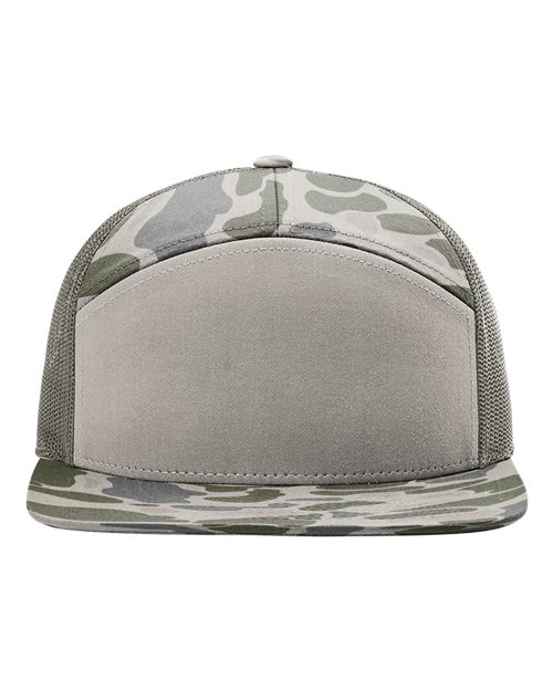 Richardson 168P — Printed Seven-Panel Trucker Cap — Marsh Duck Camo/ Loden Green