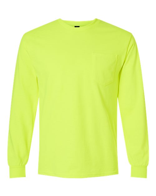 Gildan 2410 — Unisex Ultra Cotton® Long Sleeve Pocket T-Shirt — Safety Green
