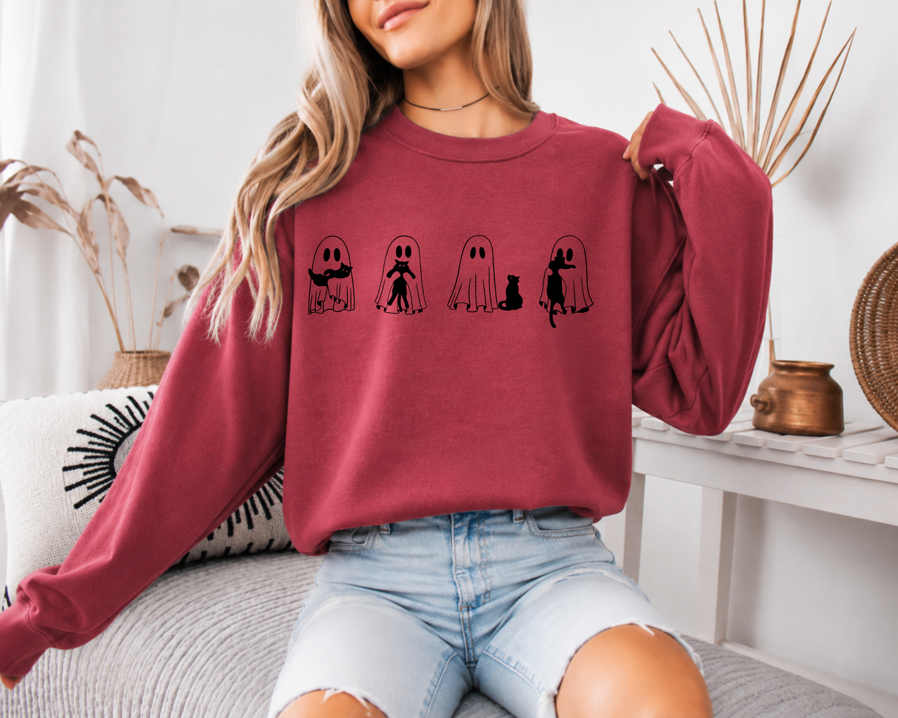 Ghosts and Black Cats Sweatshirt, Halloween Line Art Crewneck, Cute Ghost Cat Sweater, Minimalist Halloween Shirt, Comfort Colors Sweatshirt