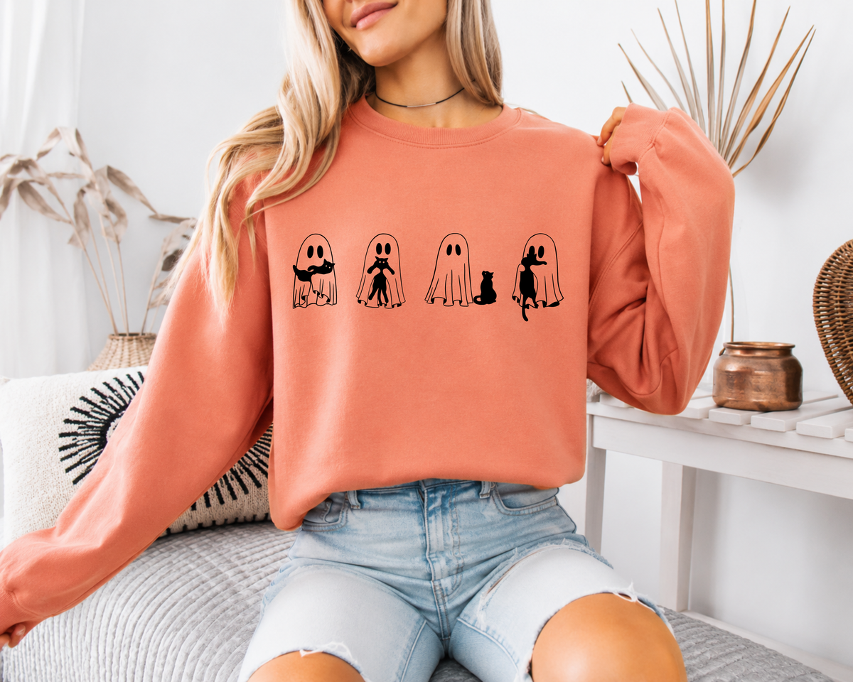 Ghosts and Black Cats Sweatshirt, Halloween Line Art Crewneck, Cute Ghost Cat Sweater, Minimalist Halloween Shirt, Comfort Colors Sweatshirt