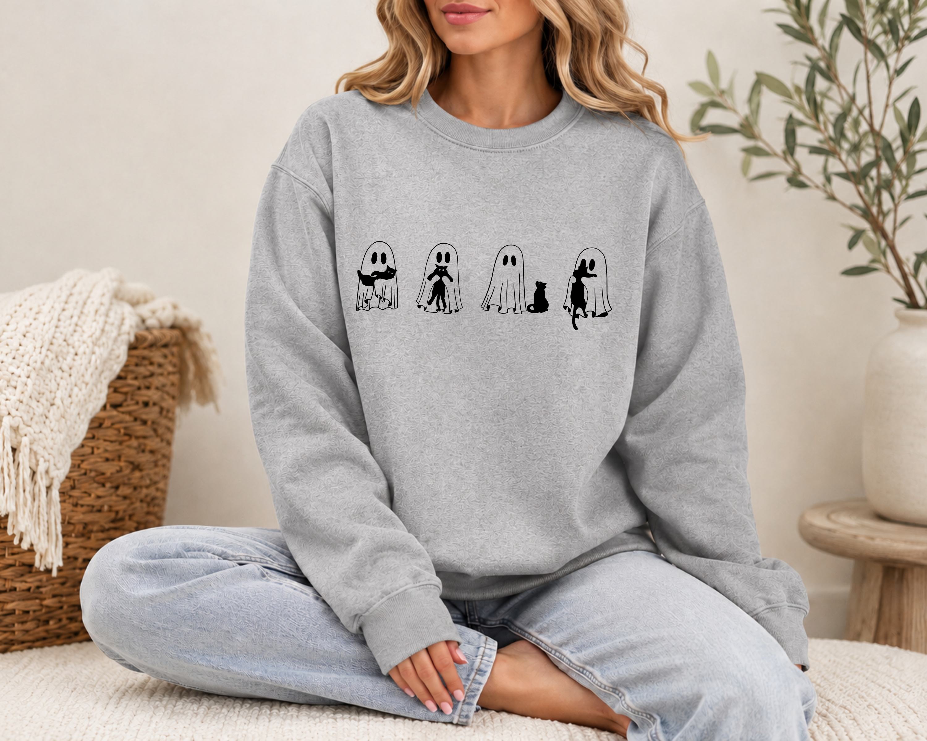 Ghosts and Black Cats Sweatshirt, Halloween Line Art Crewneck, Cute Ghost Cat Sweater, Minimalist Halloween Shirt, Comfort Colors Sweatshirt