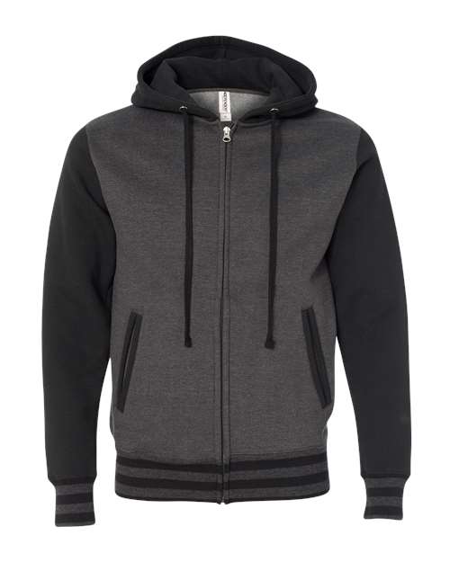 Independent Trading Co. IND45UVZ — Unisex Heavyweight Varsity Full-Zip Hooded Sweatshirt — Charcoal Heather/ Black