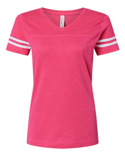 LAT 3537 — Women's Football V-Neck Fine Jersey Tee — Vintage Hot Pink/ White