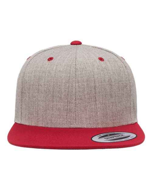 YP Classics 6089M — Premium Flat Bill Snapback Cap — Heather Grey/ Red