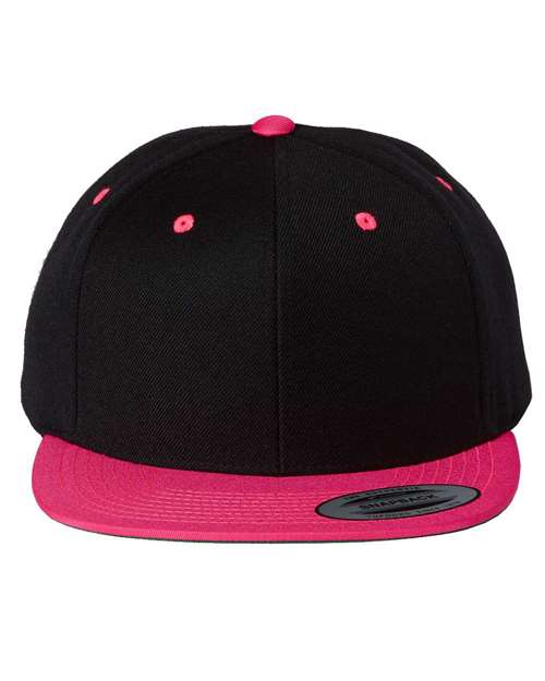 YP Classics 6089M — Premium Flat Bill Snapback Cap — Black/ Neon Pink