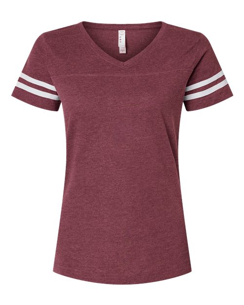 LAT 3537 — Women's Football V-Neck Fine Jersey Tee — Vintage Burgundy/ White