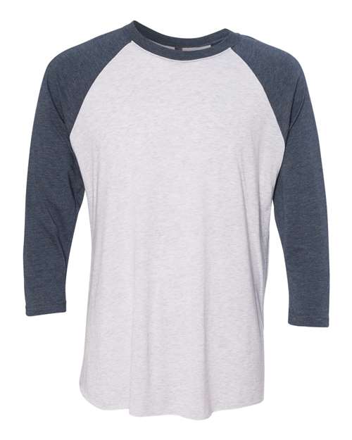 Next Level 6051 — Unisex Triblend Three-Quarter Raglan T-Shirt — Indigo Sleeves/ Heather White Body