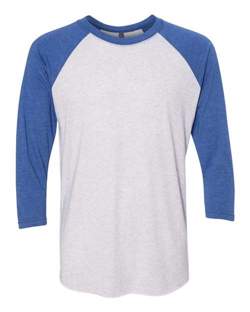 Next Level 6051 — Unisex Triblend Three-Quarter Raglan T-Shirt — Vintage Royal Sleeves/ Heather White Body