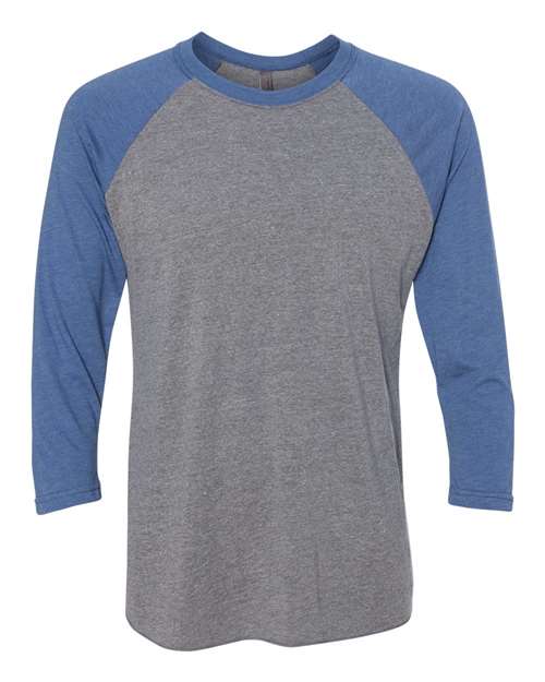 Next Level 6051 — Unisex Triblend Three-Quarter Raglan T-Shirt — Vintage Royal Sleeves/ Premium Heather Body