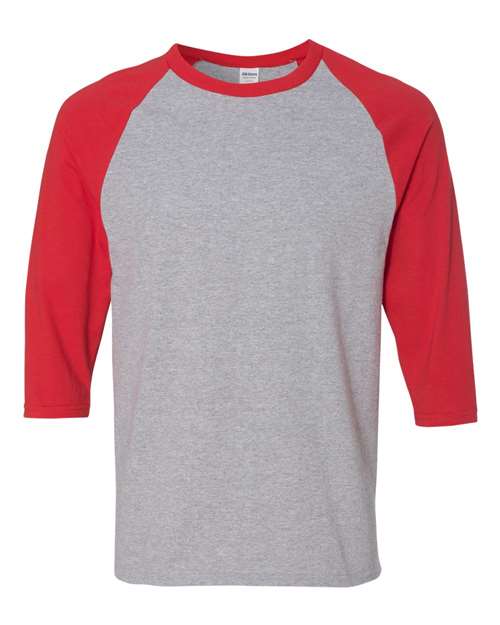 Gildan 5700 — Unisex Heavy Cotton™ Raglan Three-Quarter Sleeve T-Shirt — Sport Grey/ Red