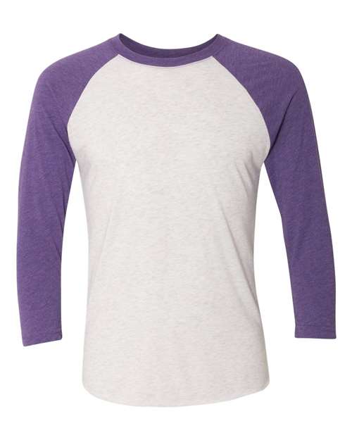 Next Level 6051 — Unisex Triblend Three-Quarter Raglan T-Shirt — Purple Rush Sleeves/ Heather White Body