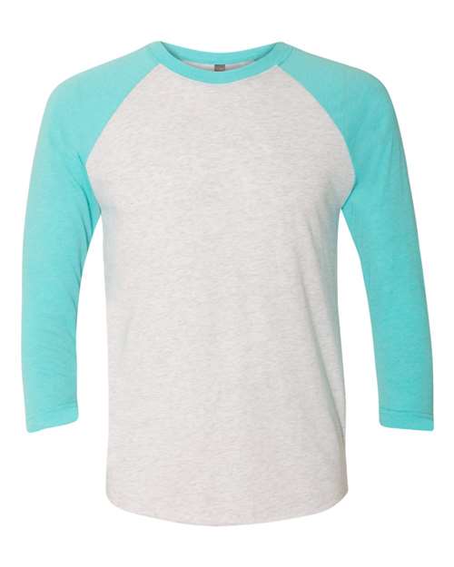 Next Level 6051 — Unisex Triblend Three-Quarter Raglan T-Shirt — Tahiti Blue Sleeves/ Heather White Body