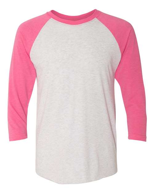 Next Level 6051 — Unisex Triblend Three-Quarter Raglan T-Shirt — Vintage Pink Sleeves/ Heather White Body