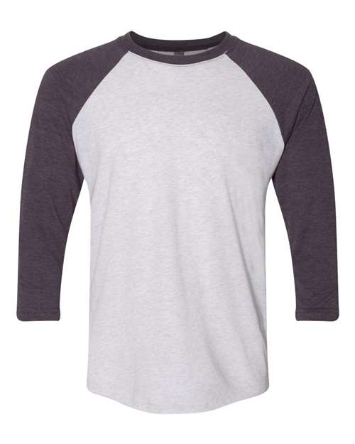 Next Level 6051 — Unisex Triblend Three-Quarter Raglan T-Shirt — Vintage Purple Sleeves/ Heather White Body
