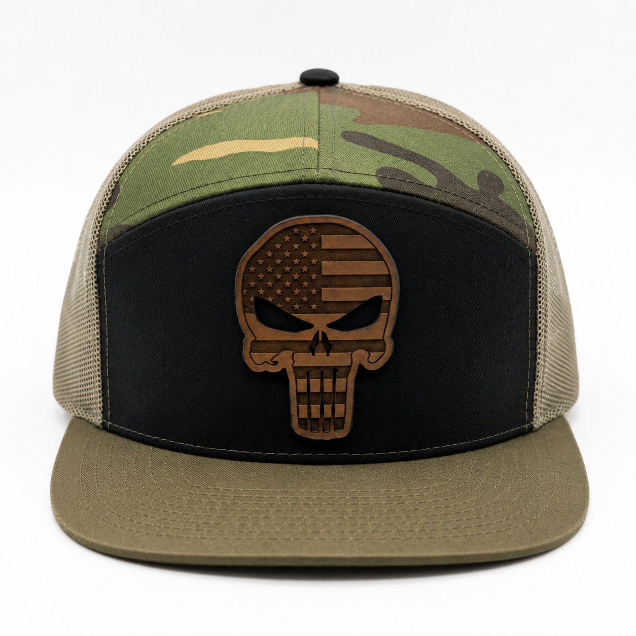 Richardson 168 7-Panel Trucker — American Flag Punisher Skull Leather Patch