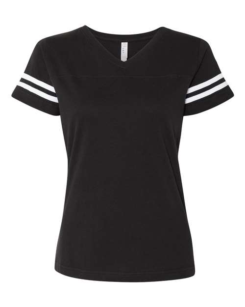 LAT 3537 — Women's Football V-Neck Fine Jersey Tee — Black Solid/ White