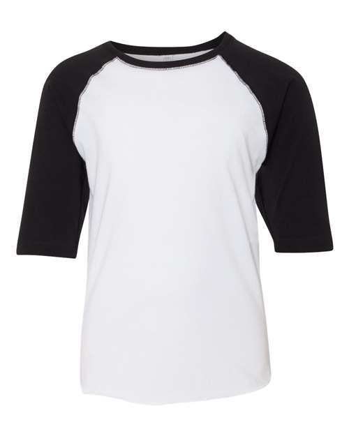 LAT 6130 — Youth Baseball Fine Jersey Three-Quarter Sleeve Tee — White Solid/ Black
