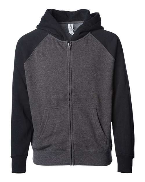 Independent Trading Co. PRM15YSBZ — Youth Lightweight Special Blend Raglan Zip Hood — Carbon/ Black