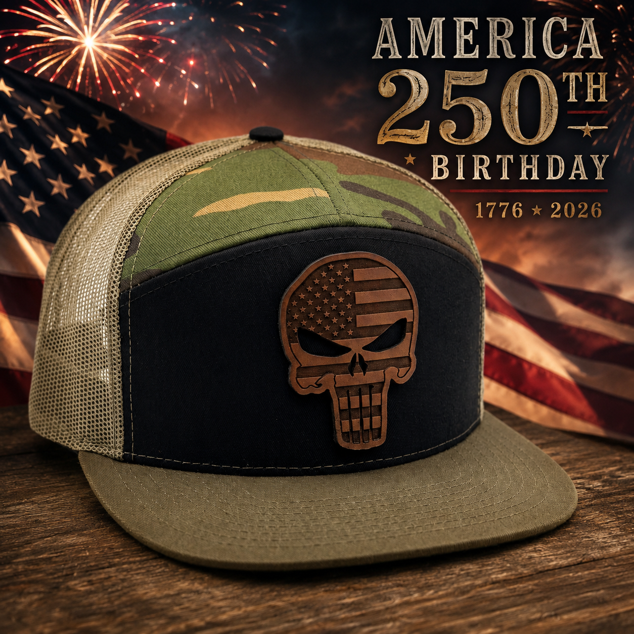 Richardson 168 7-Panel Trucker — American Flag Punisher Skull Leather Patch