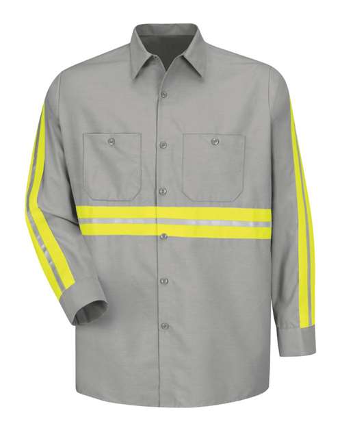 Red Kap SP14E — Men's Industrial Enhanced-Visibility Long Sleeve Work Shirt — Light Grey/ Yellow Trim