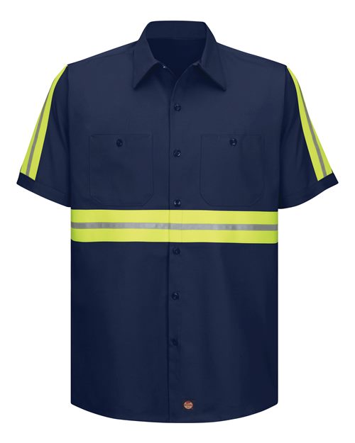 Red Kap SC40E — Men's Enhanced Visibility Short Sleeve Cotton Work Shirt — Navy/ Yellow Trim