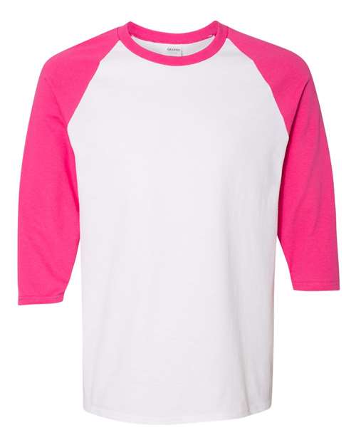 Gildan 5700 — Unisex Heavy Cotton™ Raglan Three-Quarter Sleeve T-Shirt — White/ Heliconia