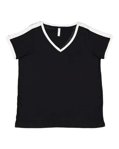 LAT 3832 — Women's Curvy Retro Ringer Premium Jersey V-Neck Tee — Black/ White