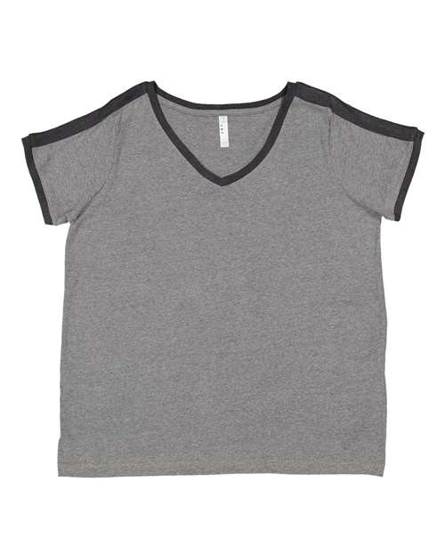 LAT 3832 — Women's Curvy Retro Ringer Premium Jersey V-Neck Tee — Granite Heather/ Vintage Smoke
