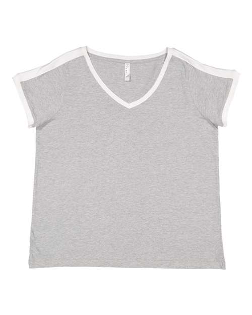 LAT 3832 — Women's Curvy Retro Ringer Premium Jersey V-Neck Tee — Heather/ White
