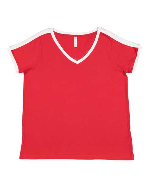 LAT 3832 — Women's Curvy Retro Ringer Premium Jersey V-Neck Tee — Red/ White