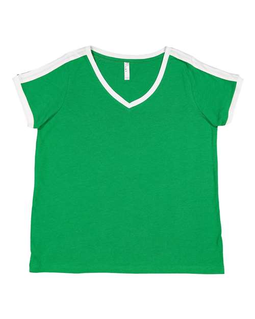 LAT 3832 — Women's Curvy Retro Ringer Premium Jersey V-Neck Tee — Vintage Green/ White