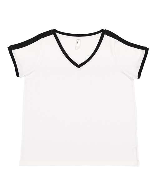 LAT 3832 — Women's Curvy Retro Ringer Premium Jersey V-Neck Tee — White/ Black