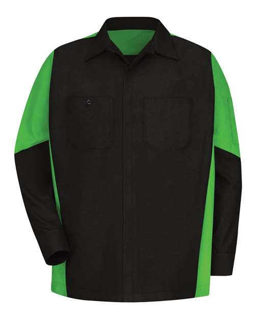Red Kap SY10 — Men's Long Sleeve Automotive Crew Shirt — Black/ Lime