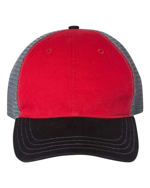 Richardson 111 — Garment-Washed Trucker Cap — Red/ Charcoal/ Black