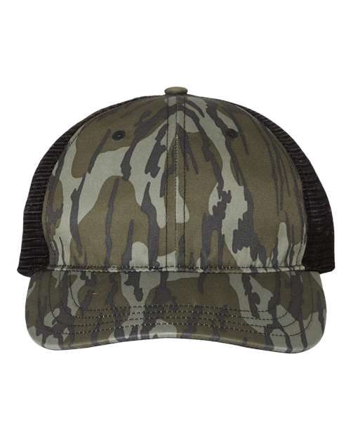 Richardson 111P — Garment Washed Printed Trucker Cap — Mossy Oak Bottomland/ Black